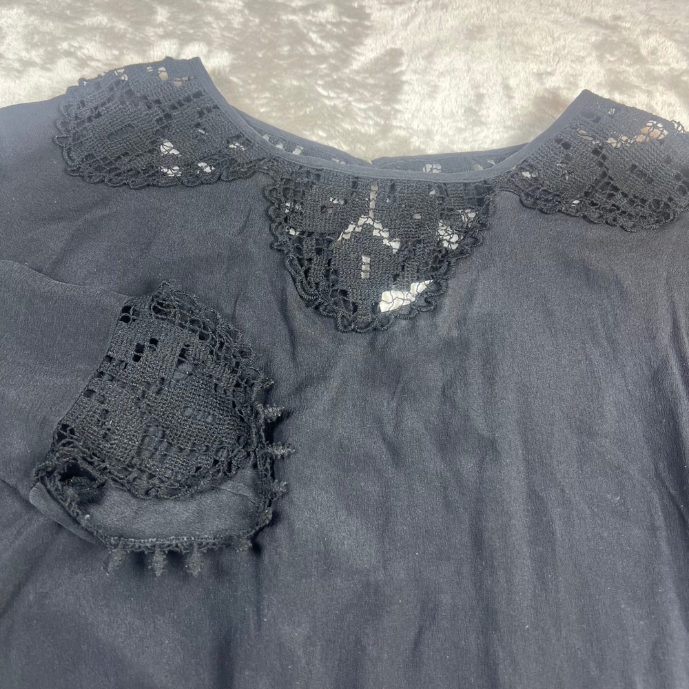 The Great Women's 1 Small Blouse Black Silk Lace Trim Scalloped Hem 3/4 Sleeve